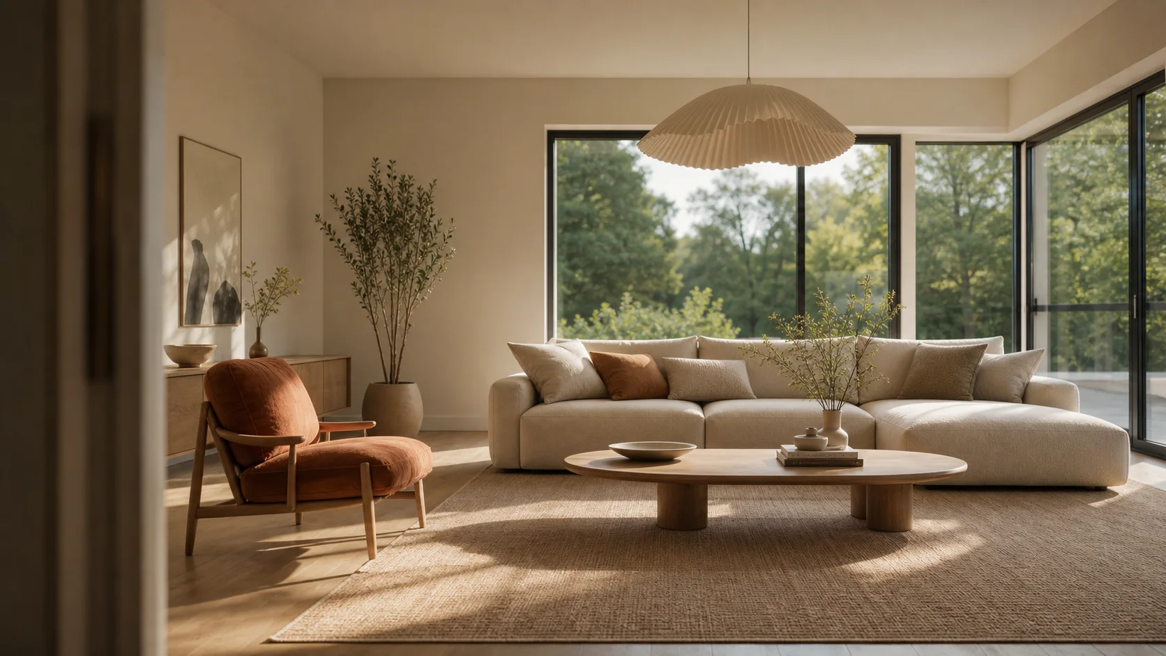Warm living room concept for a slow cinematic camera move