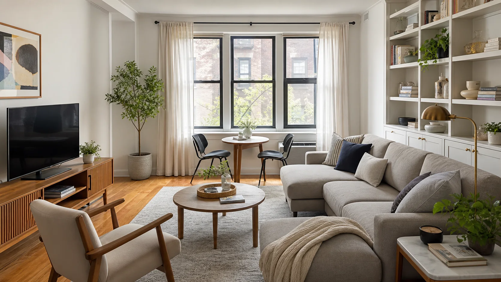Modernisiertes Wohnzimmer mit Eichenboden und weichem Sofa